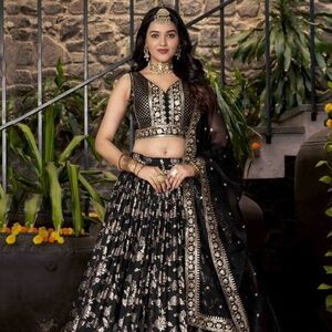 Black Embroidered Lehenga Choli Set with Gold Zari Work, Bridal Wedding Wear